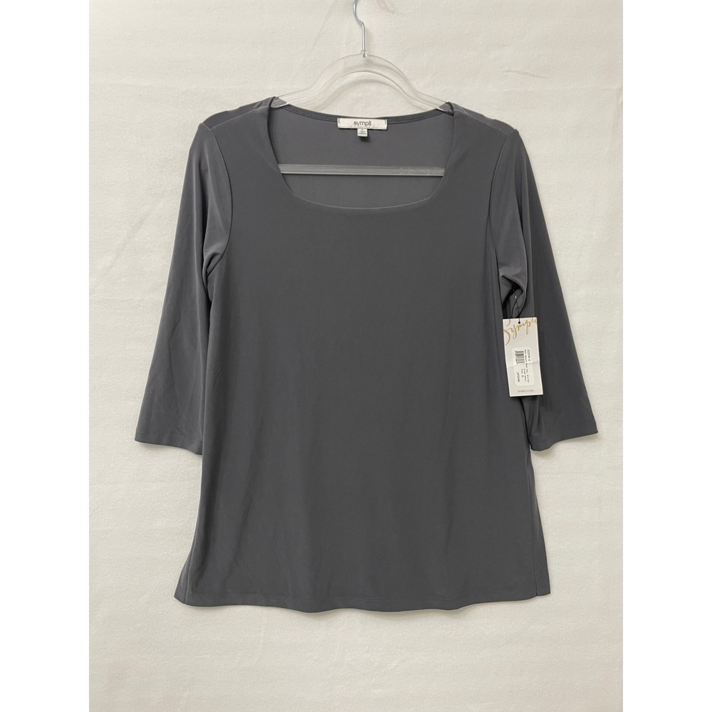 New Sympli Square Neck Top size 6 Gray 3/4 Sleeve Stretch Side Slit Minimalist